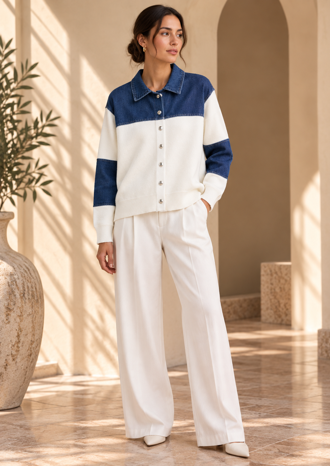 Women’s Denim Patchwork Relaxed Knit Sweater