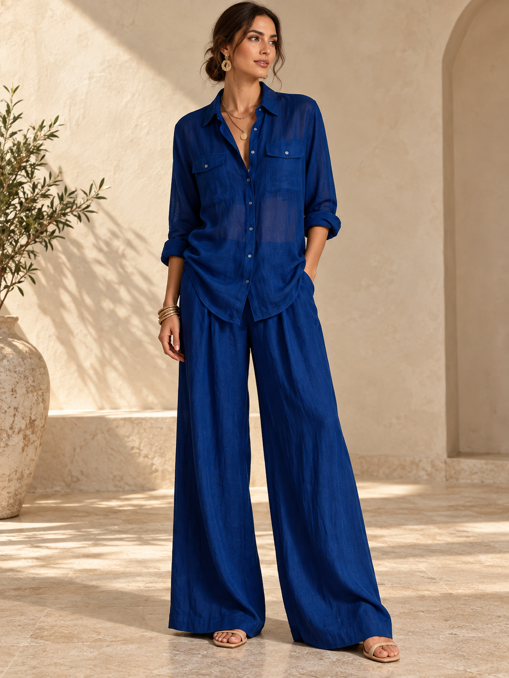 Women’s Linen Shirt & Wide-Leg Pants Set