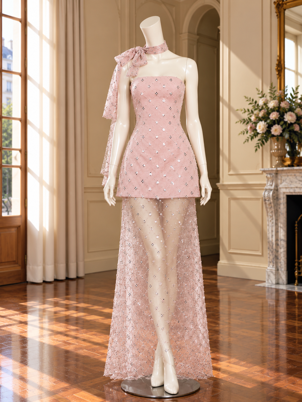 Women’s Pink Strapless Sequin Mesh Maxi Dress