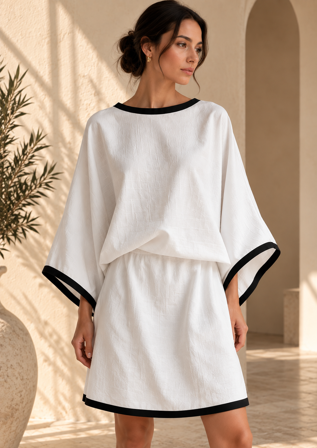 Women’s Cotton-Linen Batwing Top & Skirt Set