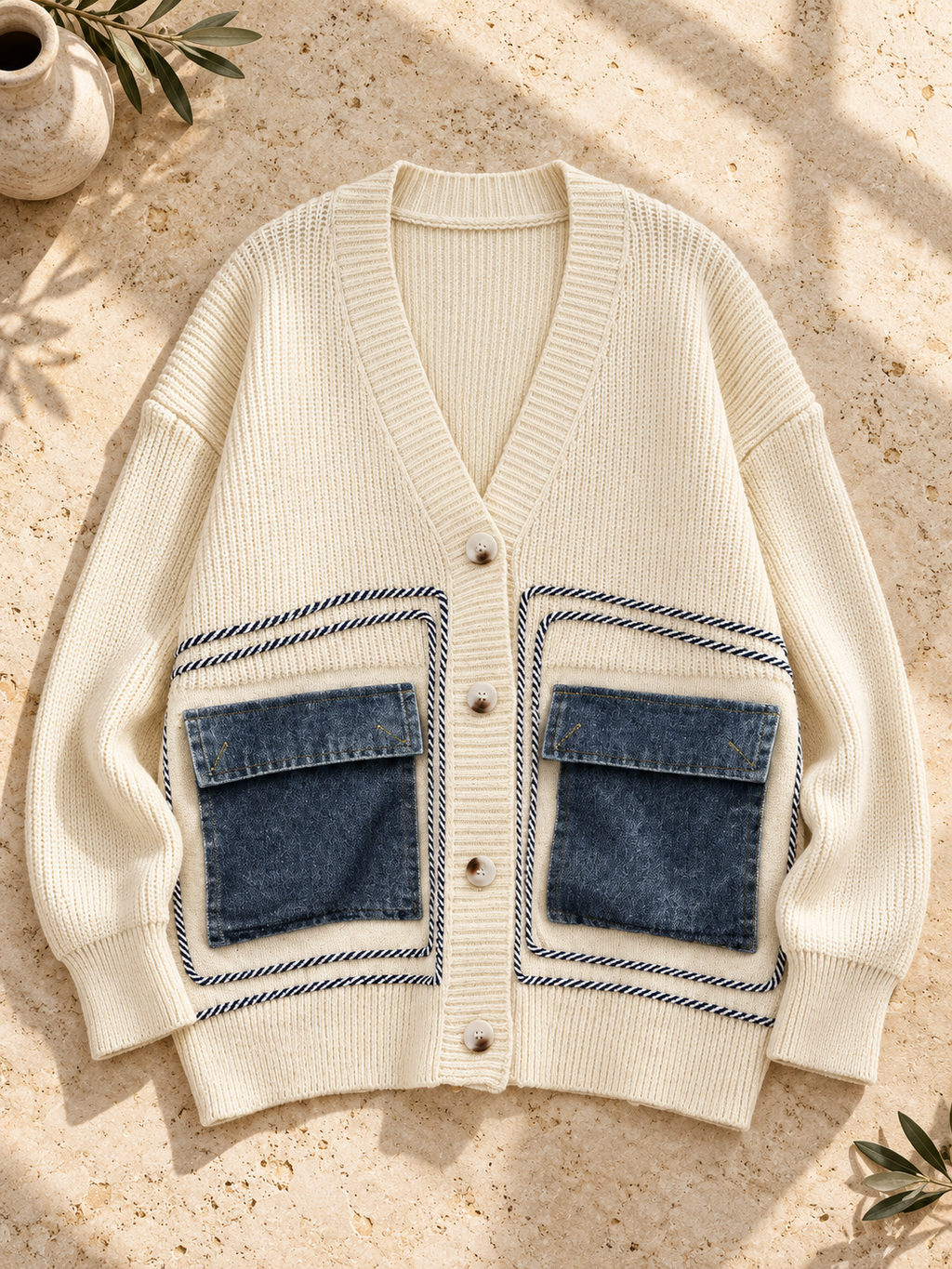 Women’s Denim Patchwork Knit Cardigan
