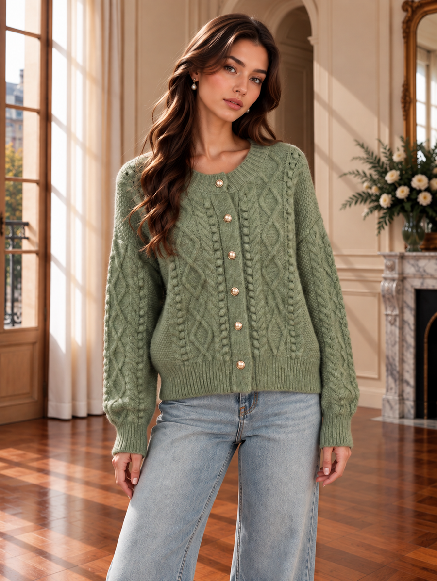 Women’s Cable Knit Round Neck Cardigan