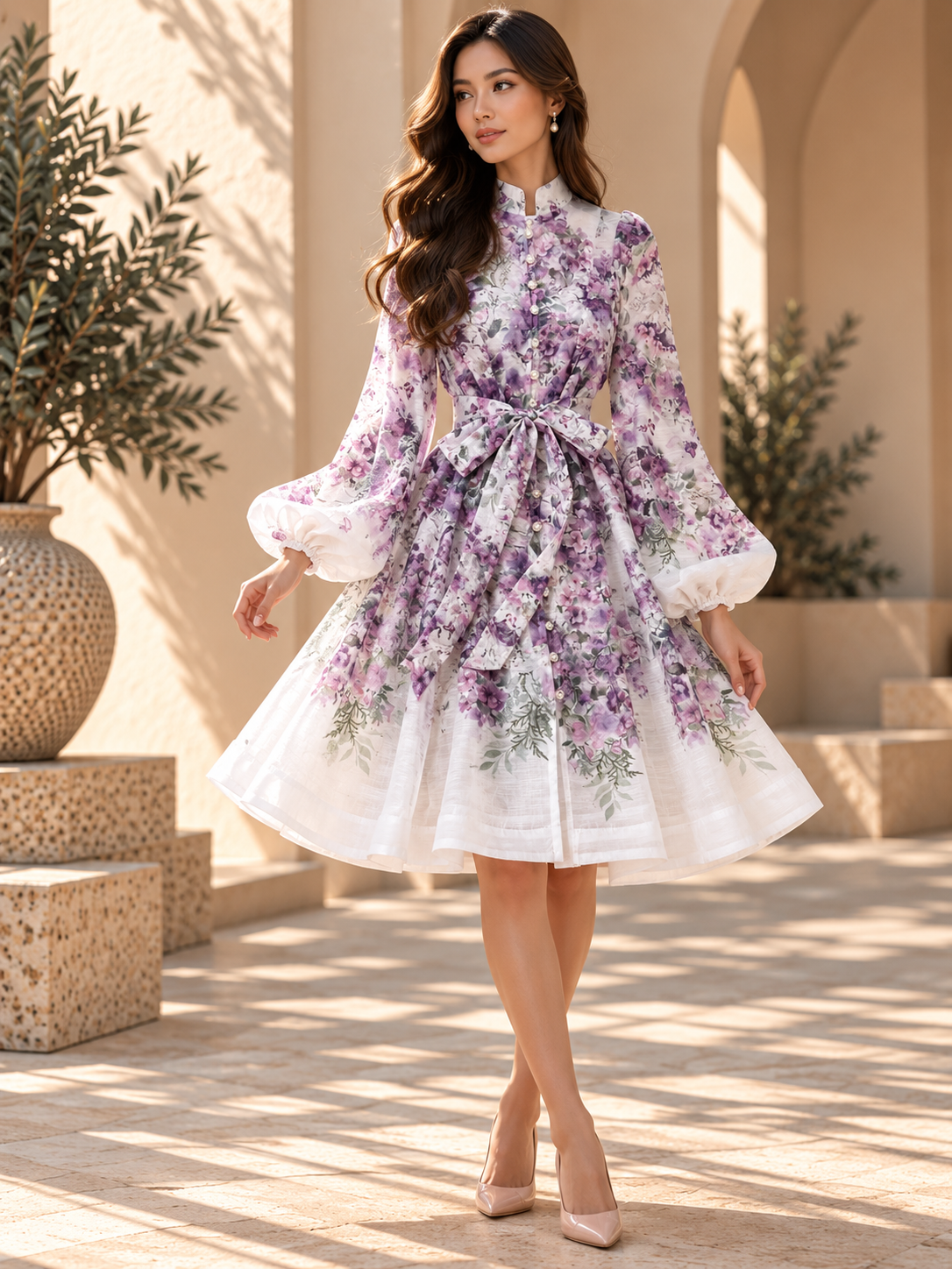 Women’s Lantern Sleeve Button-Front Dress