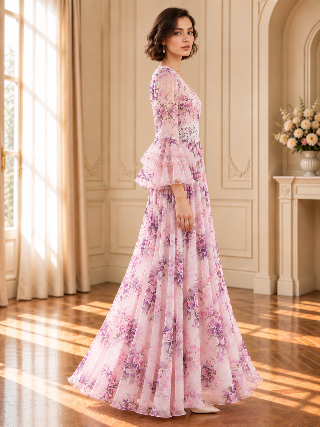 Women’s Floral Ruffle Sleeve Silk Dress