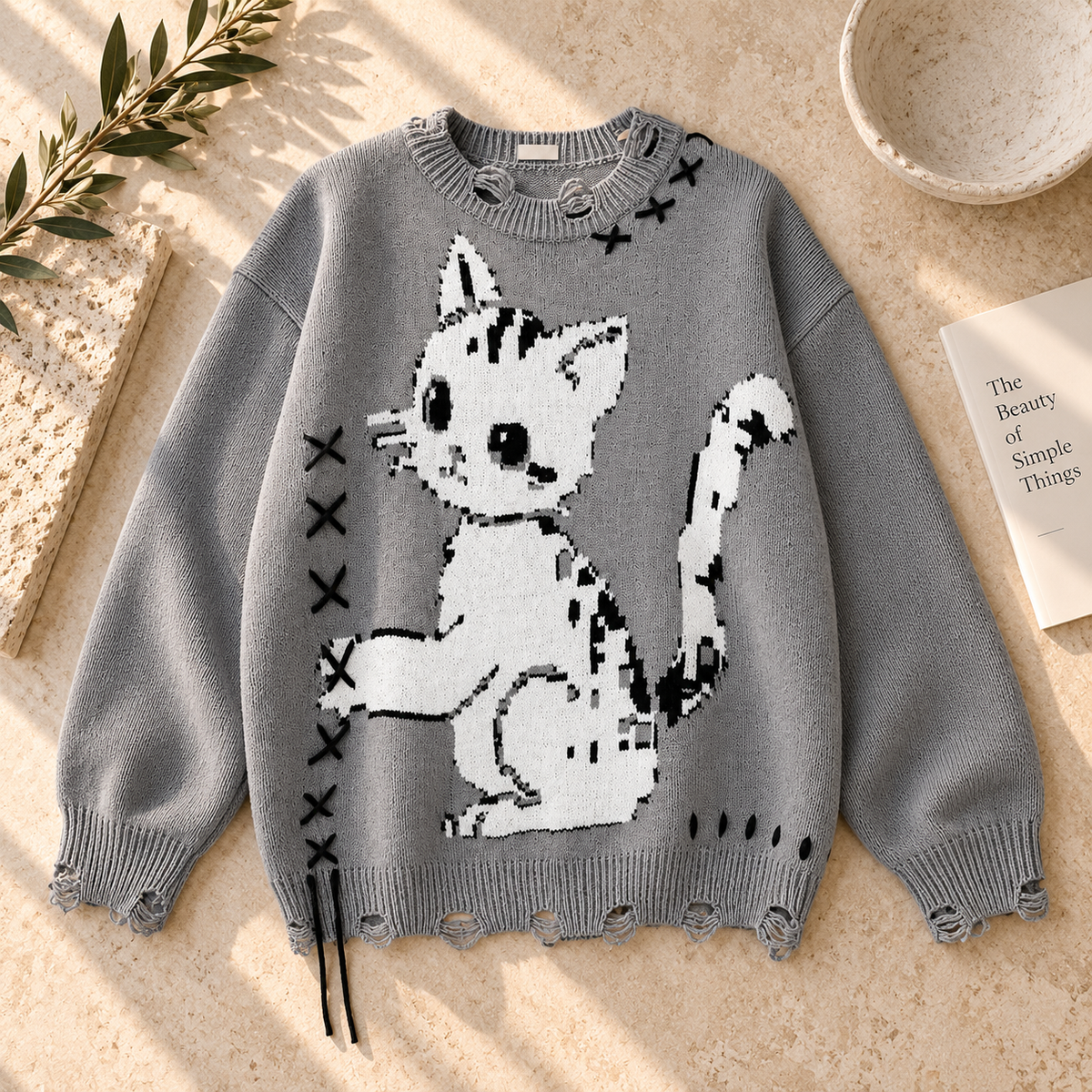 Women’s Cat Round Neck Knit Sweater