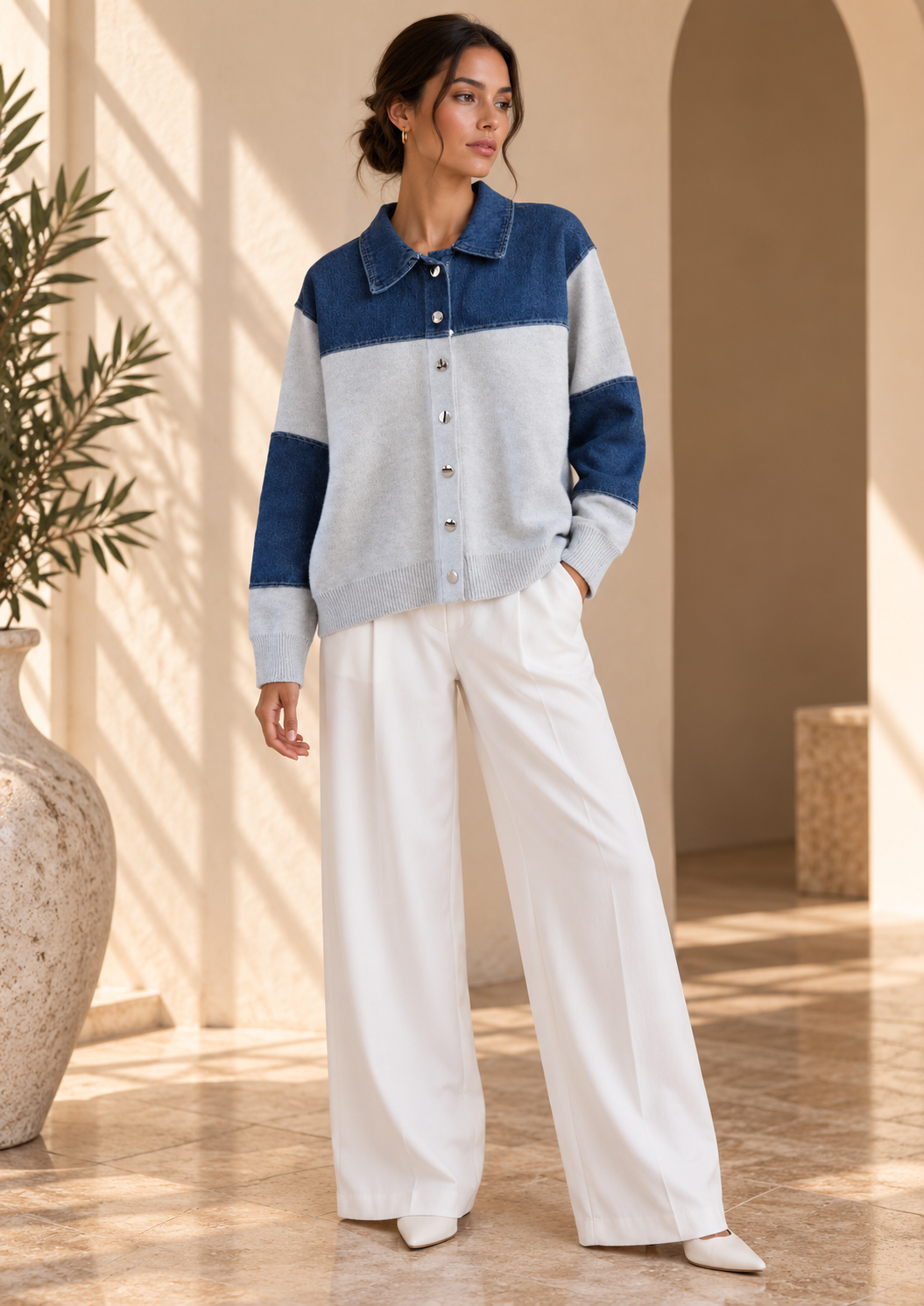 Women’s Denim Patchwork Relaxed Knit Sweater