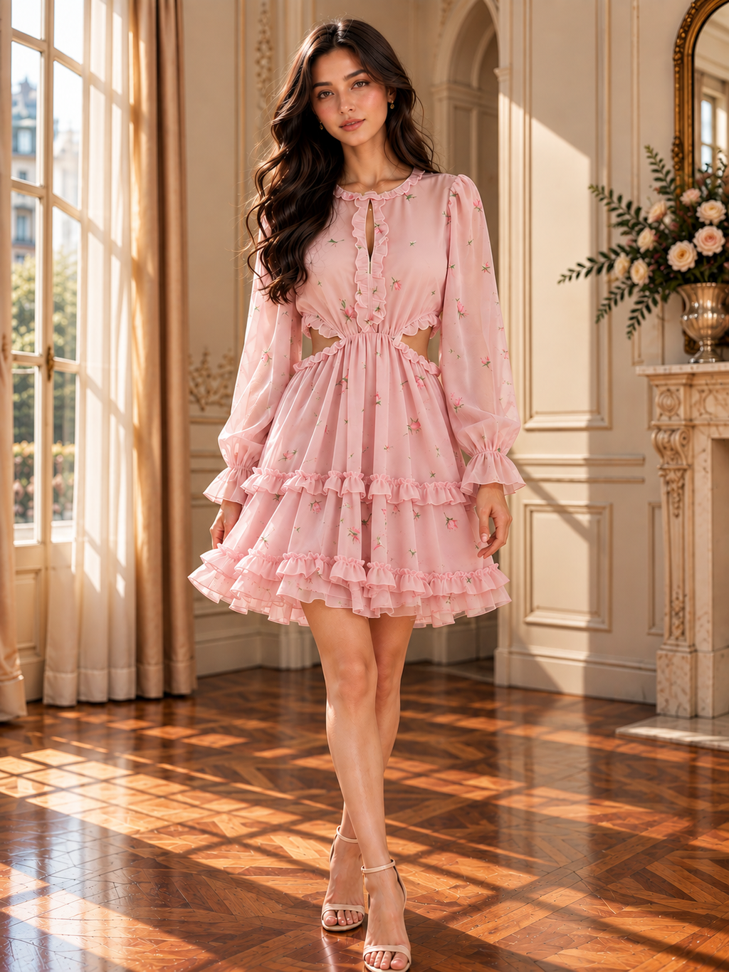 Women’s Floral Ruffle Cutout Mini Dress