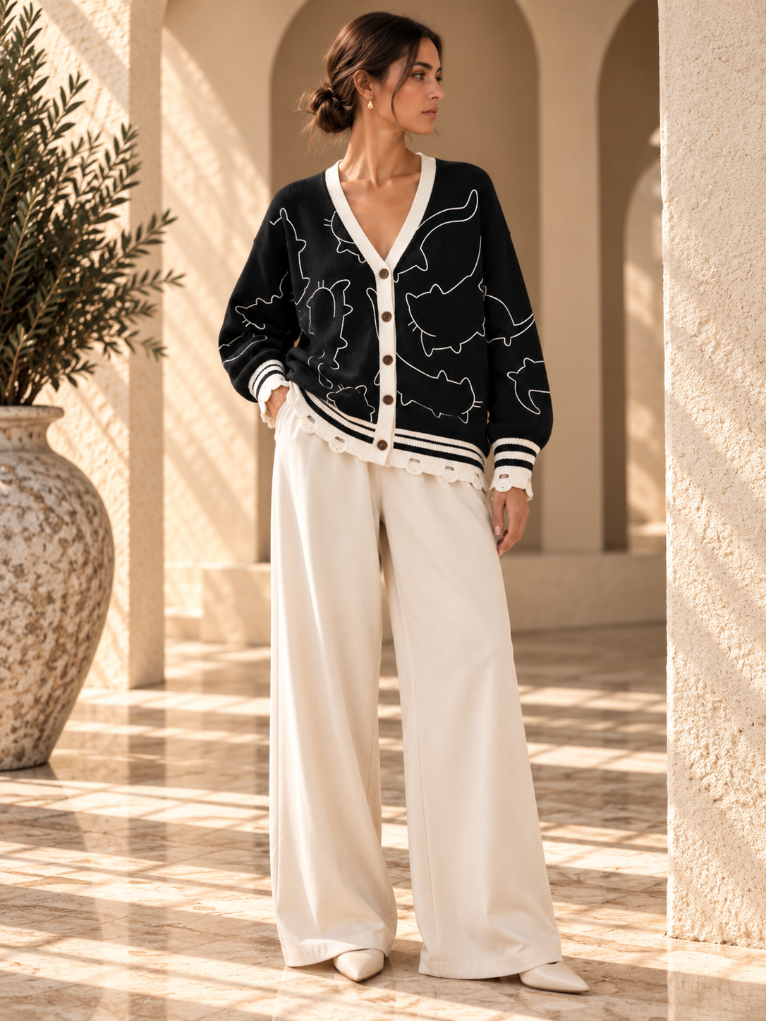 Women’s Cat Jacquard V-Neck Knit Cardigan
