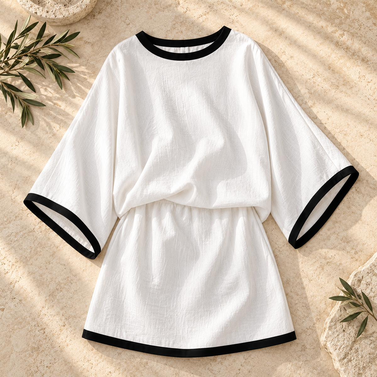 Women’s Cotton-Linen Batwing Top & Skirt Set