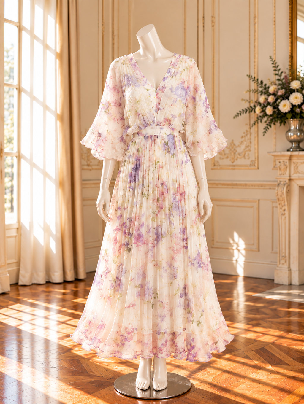 Women’s Printed Silk V-Neck Maxi Dress