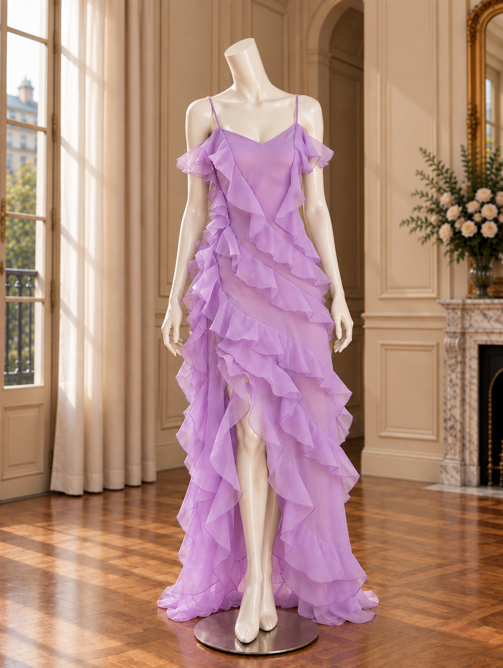 Women’s Ruffle Lace-Up Mesh Maxi Dress