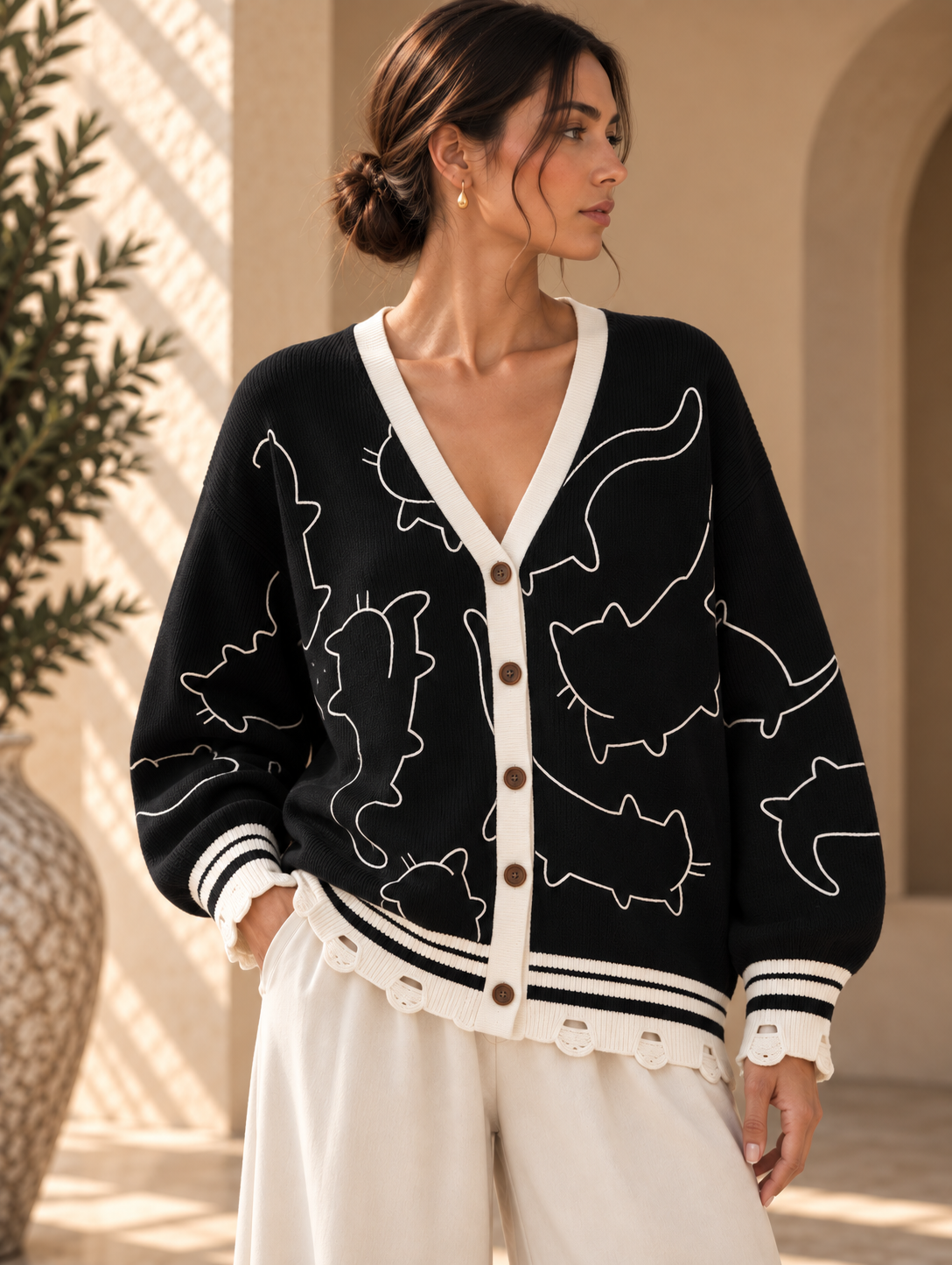 Women’s Cat Jacquard V-Neck Knit Cardigan