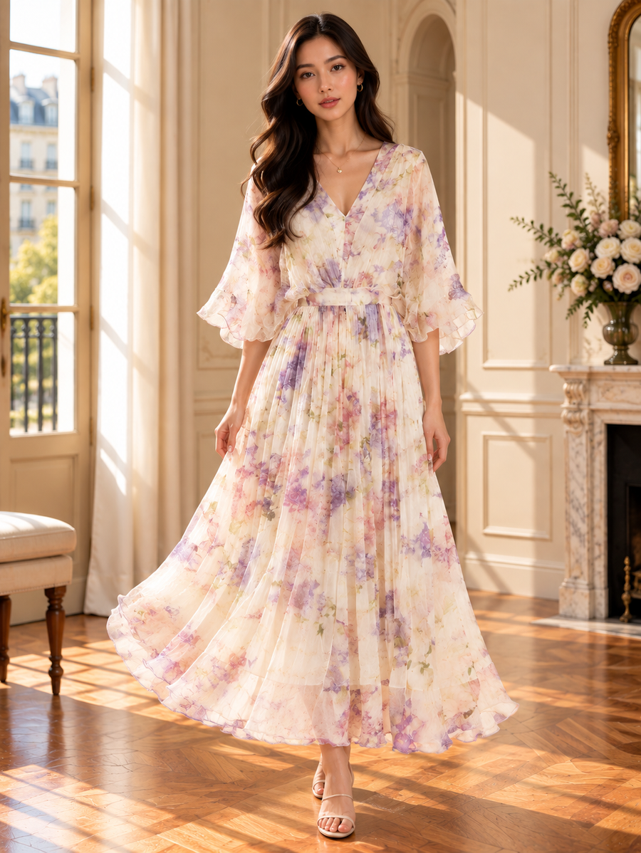 Women’s Printed Silk V-Neck Maxi Dress