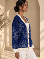 Women’s Jacquard V-Neck Contrast Knit Cardigan