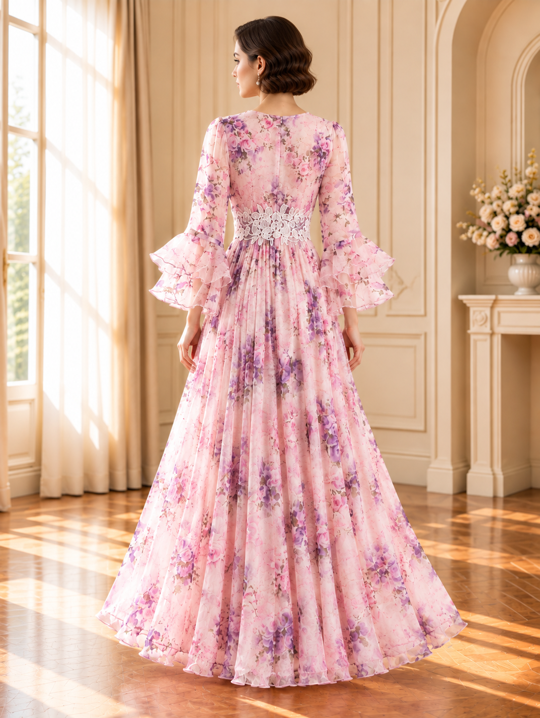 Women’s Floral Ruffle Sleeve Silk Dress