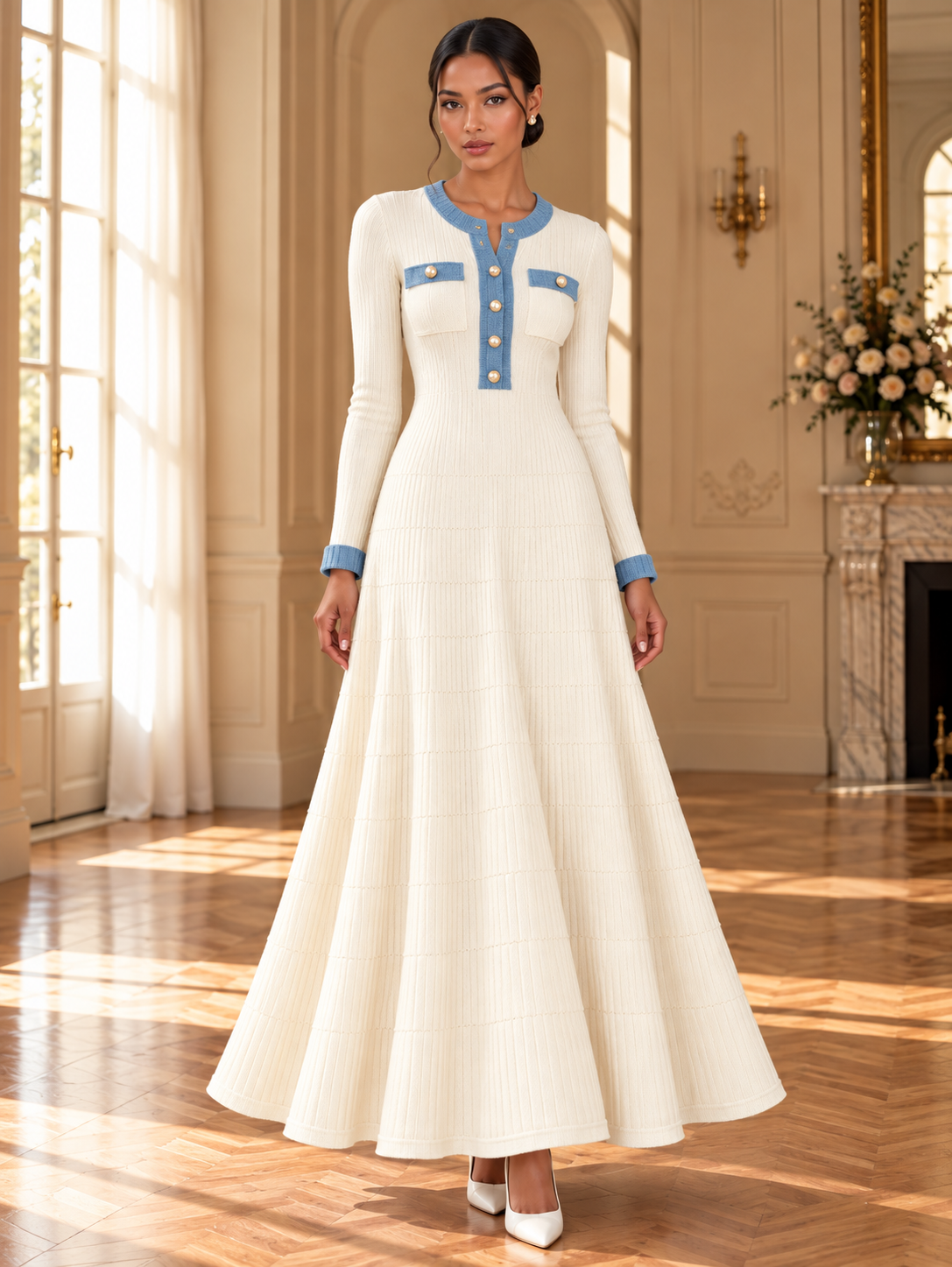 Women’s Long Sleeve V-Neck Knit Maxi Dress